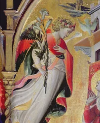Archanděl Gabriel, detail ze Zvěstování s SS Lawrencem, Benediktem, Janem Křtitelem a Mikulášem, 1434 (tempera a plátek zlata na panelu)