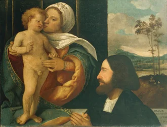 Madonna s dítětem a oddaným, Giovanni Cariani (narozen v letech 1485 až 1490, zemřel po roce 1547)