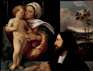 Obraz Panna a dítě s oddaným mužem od Giovanniho Busi dit Carianiho (1482-1547)