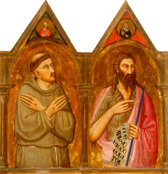 Svatý František a Jan Křtitel (levé panely triptychu) (tempera a plátkové zlato na panelu)
