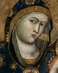 Panna a dítě, detail. Obličej Panny Marie potažený průhlednou látkou a kapucí z červené látky. Detail portrétu Panny Marie s dítětem. Obraz Giovanni Del Biondo (asi 1356-1398). Polyptych. Italský oltářní obraz. Rozměr: 140x