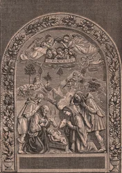 Narození Páně od Giovanniho della Robbia (1469-1529 nebo 1530), Pinacoteca di Citta di Castello, Umbria, Itálie, dřevoryt z Le cento citta d