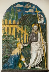 Noli me tangere. Ježíš Kristus drží bílou vlajku (standartu) s červeným křížem a jeho svatozář je označena křížem. Keramický basreliéf od Giovanniho della Robbia (1469-1529). Florencie, Museo Nazionale del Bargello