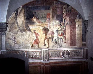 Sv. Benedikt odchází z domova, detail z cyklu fresek Život sv. Benedikta z Chiostro degli Aranci (Klášter pomerančů) cca 1430 (freska)