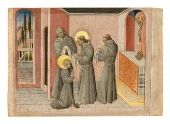 Investitura svaté Kláry: světice přebírající oděv svého řádu od svatého Františka, kolem 1389-1482 (tempera a zlato na panelu)