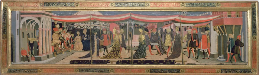 Čelní strana z Adimari Cassone zobrazující svatební scénu před baptisteriem, cca 1450 (tempera na panelu) (viz také 62295, 123484-6)