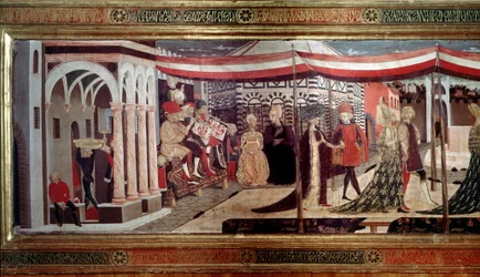 Renesanční svatební obřad Detail levé části panelu zdobícího Cassone Adimari. Svatební scéna na náměstí Piazza del Duomo (Plaza de la Cathedrale Santa Maria del Fiore). Hudebníci sedí na pódiu a hrají na trubku, pozoun a bicí nástroj