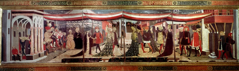 Svatební obřad má renesanční panel zdobící Cassone Adimari. Svatební scéna na katedrálním náměstí (Plaza de la Cathedrale Santa Maria del Fiore). Páry v průvodu postupují pod baldachýn. Obraz od Giovanniho od Sera Giovanniho Scheggia (1406-