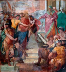 Kristus je veden před Kaifem Detail jedné z fresek Umučení Krista od Girolama Masseiho (1540-1614) 1594-1600 Řím, Santa Prassede