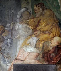 Nabuchodonozor, detail ze zázraku tří Danielových společníků, freska od Girolama Romanina (asi 1484-po 1562), detail pravé stěny kostela sv. Antonína opata, Breno. Itálie