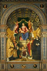 Oltářní obraz svaté Justiny: Madona trůnící se svatými Benediktem, Justinou, Prosdocimem a Scholasticou, od Girolama Romanina (asi 1484-po 1562).