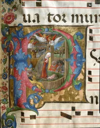Lettrine P decoree představující Miniaturu Nativite od Girolama da Cremona (činného kolem 1451-1483) z chóru (Cod. 18/3) z katedrály v Sieně. Katedrála (Duomo) z 15. století v Sieně, Itálie