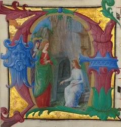 Knižní iluminace se svatými ženami u hrobu v iniciále A..., italská, kolem 1490-1500.