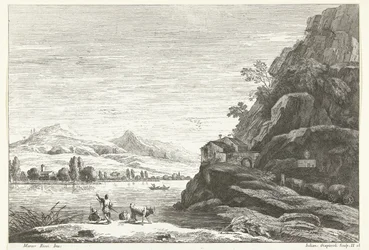 Říční krajina s domem proti skále Italské krajiny