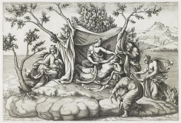 Latona Giving Birth to Apollo and Diana, vyryla Diana Mantovana (nar. 1535), po roce 1575 (rytina)
