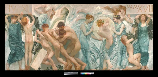 Diptych: slavnost (la sagra) - Obraz, Giulio Aristide Sartorio (1860-1932) 1906 Dim 180,5 x 398,5 cm Soukromá sbírka (Diptych, obraz, Giulio Aristide Sartorio Soukromá sbírka)
