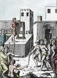 Trest smrti: vykonání rozsudku smrti předchůdcem gilotiny (dekapitačním strojem), v Itálii zvaným Mannaia a navrženým Achillem Bocchim v roce 1555. Rytina Giulia Buonasoneho (Bonasone) (1498-1574), zobrazení Mannaie