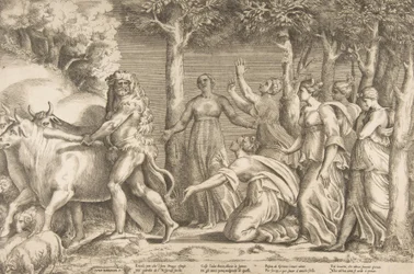 Herkules odhánějící dobytek z Geryonu, vpravo jsou nymfy Hesperidek, ..., 1531-76.