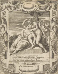 Ixion objímá mrak, myslí si, že je to Juno, Amor vpravo, zasazený do elaboru..., 1531-76.