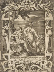 Jupiter vlevo v podobě pastýře doprovázeného Mnemosyne, zasazený do elabo..., 1531-76.