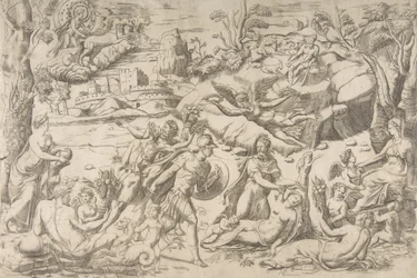 Mars a Rhea Silvia: uprostřed Mars drží štít a meč, Rhea Silvia spí..., cca 1531-76.