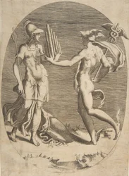 Merkur představuje Panpipe Minervě, která stojí vlevo, oválná kompozice, 1531-76.