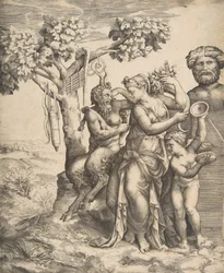 Vlevo pánev sedící vedle stojící nymfy, vpravo Amor držící činely, 1531-76.