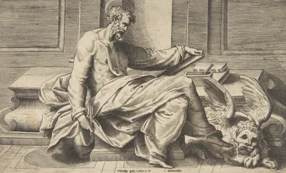 Svatý Marek píšící své evangelium, okřídlený lev vpravo, 1531-76.