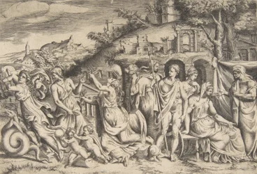 Příběh Iásona a Médey nalevo odnáší svého syna, uprostřed je ..., 1531-76.