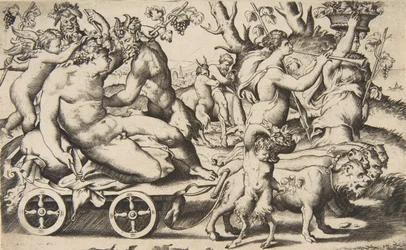 Triumf Baccha, který sedí na kočáru vlevo, 1531-76.