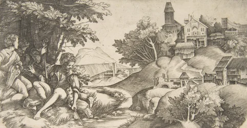 Vlevo čtyři pastýři s hudebními nástroji sedící pod skupinou stromů..., ca. 1517