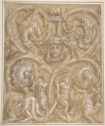 Design pro ozdobný panel s Rinceaux, Satyry, Putti, monstry a lidskou hlavou, 1535-45.