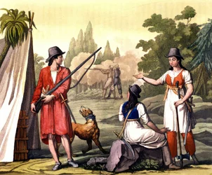 Bukanýři a ženy flibustier: pirát Jack Rackham říká, že The Red nebo John Rackham, lépe známý jako Calico Jack (? -1720), reprezentovaný Anne Bonny (Bonney) a Mary (Marc) Read v Západní Indii. Talíř převzat z ""Starý a moderní kostým"" od F