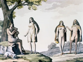 Kostýmy starých Germánů, rytina ze starověkých a moderních kostýmů od Giulia Ferraria (1767-1847)