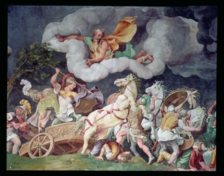 Achilles vláčí tělo Hektora na svém voze, detail ze stropu Sala di Troia, kolem roku 1538