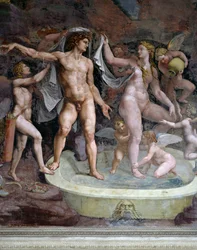 Lázeň Marta a Venuše, freska Giulia Romana (1499-1546), severní stěna Komnaty Amora a Psyché, Palazzo Te, Mantova (Seznam světového dědictví UNESCO, 2008), Lombardie, Itálie