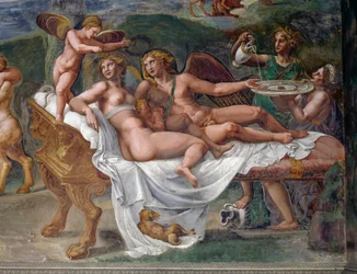 Amor a Psyché s dcerou Voluptas (Rozkoš) ležící na posteli, detail ze Svatební hostiny neboli Hostiny bohů, Palazzo Te, Mantova (Seznam světového dědictví UNESCO, 2008), Lombardie, Itálie