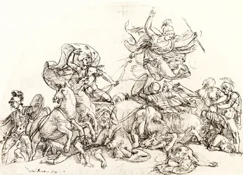Diomedes, zraněný Pandarem, je utěšován Pallas Athene