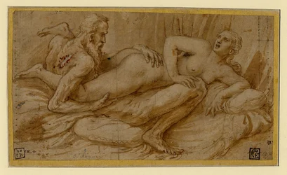 Erotická scéna od Giulia Romana (1499-1546), po roce 1524 - Pero, štětec, hnědá tuš, běloba, černá křída na papíře