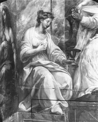 Faith, obklopující jednu ze dvou alegorických postav obklopujících papeže Silvestra I. (314-35) Raphael Rooms (detail) (viz také 252792 a 252794)