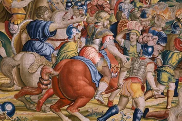 Vlámský gobelín. Série The Acts of Scipio: Bitva u Zamy. Karikaturista Giulio Romano. Ateliér Balthasara van Vlierdena (?), Brusel. 1523-1532. Detail.