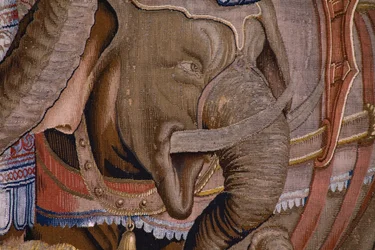 Vlámský gobelín. Série The Acts of Scipio: Bitva u Zamy. Karikaturista Giulio Romano. Ateliér Balthasara van Vlierdena (?), Brusel. 1523-1532. Detail.