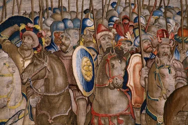 Vlámský gobelín. Série The Acts of Scipio: Bitva u Zamy. Karikaturista Giulio Romano. Ateliér Balthasara van Vlierdena (?), Brusel. 1523-1532. Detail.