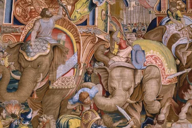 Vlámský gobelín. Série The Acts of Scipio: Bitva u Zamy. Karikaturista Giulio Romano. Ateliér Balthasara van Vlierdena (?), Brusel. 1523-1532. Detail.