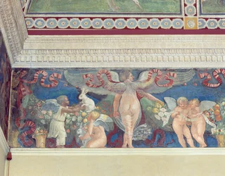 Vlys z Camera con Fregio di Amorini, Komnaty s vlysem amorů, detail dvou amorů, z nichž jeden je černý, hrajících si s králíky, 20. léta 16. století