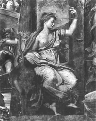 Spravedlnost, jedna ze dvou ctností obklopujících papeže sv. Urbana I. († 230) Rafaelovy pokoje (detail) (viz také 252782, 252783, 252785)