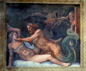 Olympia je svedena Jupiterem, jehož blesk uchopí orel, který provrtá oko žárlivého makedonského krále, ze sálu Amore e Psiche, 1528