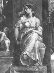 Mír sedící vedle papeže Damase I. (cca 304-384) Raphael Rooms (detail) (viz také 252795 a 252796)