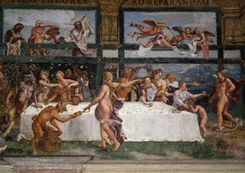 Svatební hostina neboli hostina bohů, freska Giulia Romana (1499-1546), západní stěna Komnaty Amora a Psyché, Palazzo Te, Mantova (Seznam světového dědictví UNESCO, 2008), Lombardie, Itálie