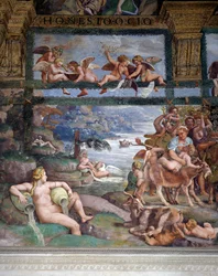 Svatební hostina nebo Banket bohů, freska Giulio Romano (1499-1546), západní stěna komory Amor a Psyché, Palazzo Te, Mantua (Seznam světového dědictví UNESCO, 2008), Lombardie, Itálie